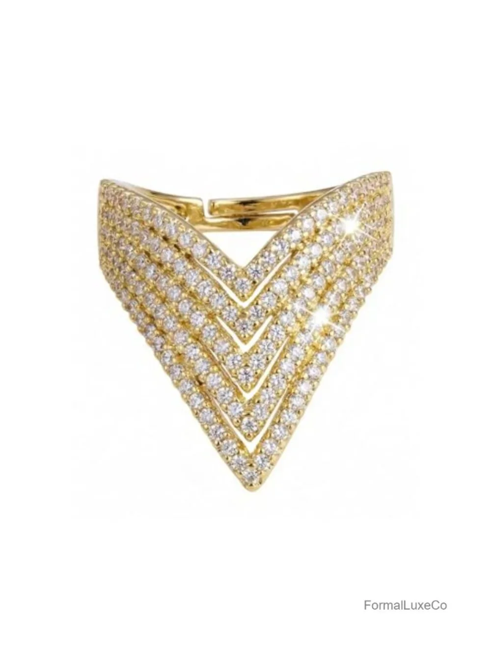 V Shape CZ Crystal Ring Gold Adjustable Open Band Wedding Engagement Statement